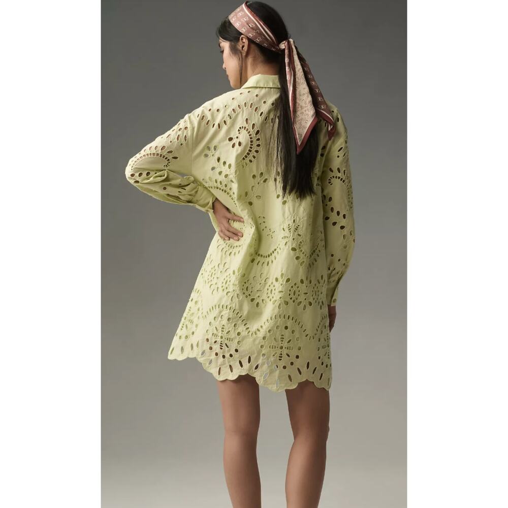 Anthro Eyelet Shirt Dress Green Cutout Mini Dress Button Front Cotton Size M - Picture 12 of 13